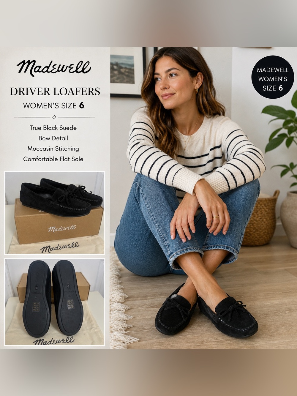 Madewell Women’s Driver Loafers Size 6 Black Suede Moccasin Bow Flats comfort